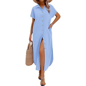 Zeagoo Womens Dresses Casual Summer Short Sleeve Button Down Long Shirt Dresses Swimsuit Beach Cover Ups with Pockets(Light Blue)
