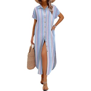 Zeagoo Womens Dresses Casual Summer Short Sleeve Button Down Long Shirt Dresses Swimsuit Beach Cover Ups with Pockets(Pink&blue)