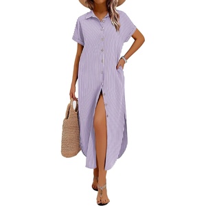 Zeagoo Womens Dresses Casual Summer Short Sleeve Button Down Long Shirt Dresses Swimsuit Beach Cover Ups with Pockets(Purple Stripe)