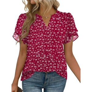 Zeagoo Womens Dressy Casual Chffon Shirts Short Sleeve V Neck Work Blouse(Berryflake)
