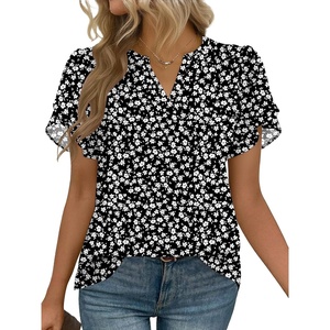 Zeagoo Womens Dressy Casual Chffon Shirts Short Sleeve V Neck Work Blouse(Black Floral)