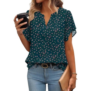 Zeagoo Womens Dressy Casual Chffon Shirts Short Sleeve V Neck Work Blouse(Dark Green Floral)
