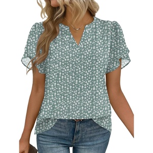 Zeagoo Womens Dressy Casual Chffon Shirts Short Sleeve V Neck Work Blouse(Green Floral)