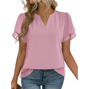 Zeagoo Womens Dressy Casual Chffon Shirts Short Sleeve V Neck Work Blouse(Light Pink)