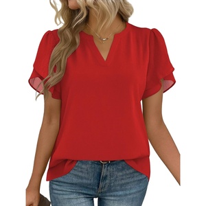 Zeagoo Womens Dressy Casual Chffon Shirts Short Sleeve V Neck Work Blouse(Red)