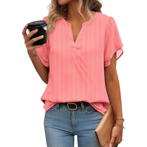 Zeagoo Womens Dressy Casual Chffon Shirts Short Sleeve V Neck Work Blouse(Stripe)