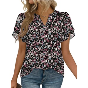 Zeagoo Womens Dressy Casual Chffon Shirts Short Sleeve V Neck Work Blouse(Summer Flower)