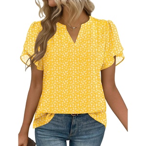 Zeagoo Womens Dressy Casual Chffon Shirts Short Sleeve V Neck Work Blouse(Yellow Floral)