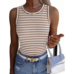 Zeagoo Womens Sleeveless Crewneck Ribbed Tank Tops Casual Basic Summer Top(B – Stripe Brown White)