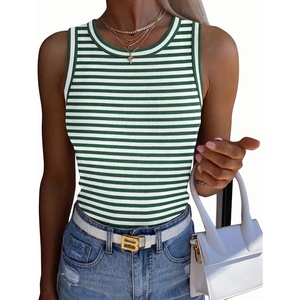 Zeagoo Womens Sleeveless Crewneck Ribbed Tank Tops Casual Basic Summer Top(B – Stripe Green White)