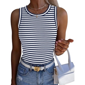 Zeagoo Womens Sleeveless Crewneck Ribbed Tank Tops Casual Basic Summer Top(Navy White Stripe)