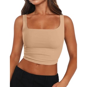 Zeagoo Women’s Square Neck Crop Tops Cute Double Layer Casual Slim Tank(Nude)