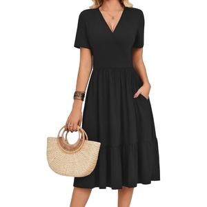 Zeagoo Womens Summer Casual Dresses Short Sleeve Midi Warp V-Neck Floral Dress with Pockets Tiered Flowy A Line Sundress(Black)