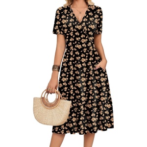 Zeagoo Womens Summer Casual Dresses Short Sleeve Midi Warp V-Neck Floral Dress with Pockets Tiered Flowy A Line Sundress(Black Orange Floral)