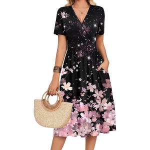 Zeagoo Womens Summer Casual Dresses Short Sleeve Midi Warp V-Neck Floral Dress with Pockets Tiered Flowy A Line Sundress(Black Pink Floral)