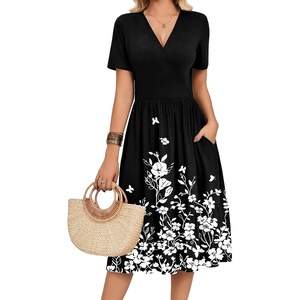 Zeagoo Womens Summer Casual Dresses Short Sleeve Midi Warp V-Neck Floral Dress with Pockets Tiered Flowy A Line Sundress(Black White Floral)