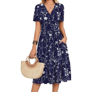 Zeagoo Womens Summer Casual Dresses Short Sleeve Midi Warp V-Neck Floral Dress with Pockets Tiered Flowy A Line Sundress(Blue Floral)