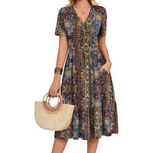 Zeagoo Womens Summer Casual Dresses Short Sleeve Midi Warp V-Neck Floral Dress with Pockets Tiered Flowy A Line Sundress(Bohemian Orange)