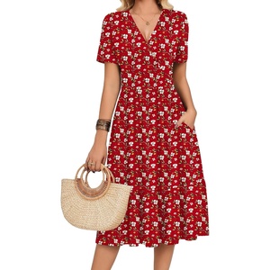 Zeagoo Womens Summer Casual Dresses Short Sleeve Midi Warp V-Neck Floral Dress with Pockets Tiered Flowy A Line Sundress(Red Floral)