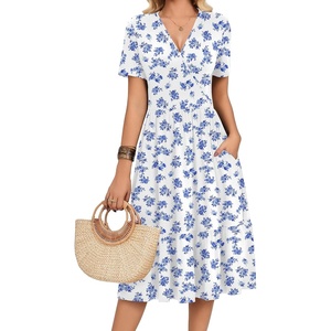 Zeagoo Womens Summer Casual Dresses Short Sleeve Midi Warp V-Neck Floral Dress with Pockets Tiered Flowy A Line Sundress(White Blue Floral)