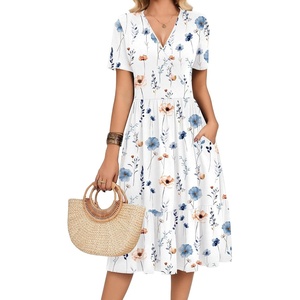 Zeagoo Womens Summer Casual Dresses Short Sleeve Midi Warp V-Neck Floral Dress with Pockets Tiered Flowy A Line Sundress(White Floral)