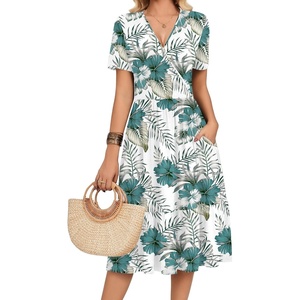 Zeagoo Womens Summer Casual Dresses Short Sleeve Midi Warp V-Neck Floral Dress with Pockets Tiered Flowy A Line Sundress(White Green Leaf)