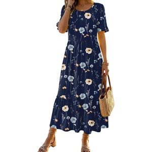 Zeagoo Womens Summer Dresses 2026 Casual Midi Dress Flowy Sundress Ruffle Short Sleeve Tiered Dresses A Line Boho Dress(A-navy Floral 01)