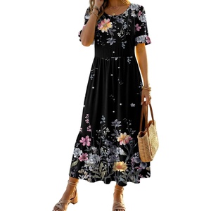 Zeagoo Womens Summer Dresses 2026 Casual Midi Dress Flowy Sundress Ruffle Short Sleeve Tiered Dresses A Line Boho Dress(Black Floral)