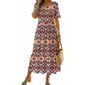 Zeagoo Womens Summer Dresses 2026 Casual Midi Dress Flowy Sundress Ruffle Short Sleeve Tiered Dresses A Line Boho Dress(Boho Orange)