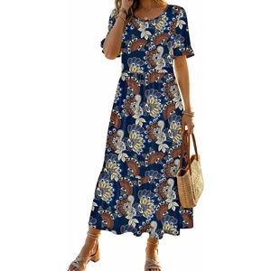 Zeagoo Womens Summer Dresses 2026 Casual Midi Dress Flowy Sundress Ruffle Short Sleeve Tiered Dresses A Line Boho Dress(Boho Printed)