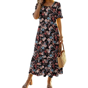 Zeagoo Womens Summer Dresses 2026 Casual Midi Dress Flowy Sundress Ruffle Short Sleeve Tiered Dresses A Line Boho Dress(Mixed Flower)