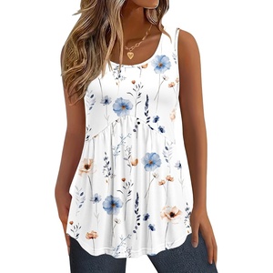 Zeagoo Womens Summer Sleeveless Tank Tops Crew Neck Babydoll Casual Tops(A Blue Floral Print)