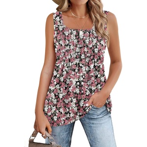 Zeagoo Women’s Summer Tank Tops Pleated Square Neck Flowy Tunic Top(Floral Daisies)