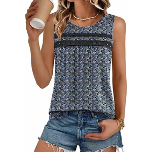Zeagoo Womens Tank Tops 2026 Summer Pleated Scoop Neck Sleeveless Lace Crochet Boho Tops Dressy Casual Loose Fit Blouses(Blue Pink Green Black Flower)