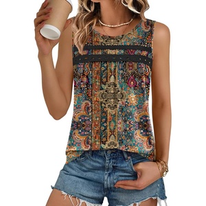 Zeagoo Womens Tank Tops 2026 Summer Pleated Scoop Neck Sleeveless Lace Crochet Boho Tops Dressy Casual Loose Fit Blouses(Brown Boho Print)