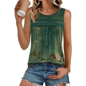 Zeagoo Womens Tank Tops 2026 Summer Pleated Scoop Neck Sleeveless Lace Crochet Boho Tops Dressy Casual Loose Fit Blouses(Green Flower)