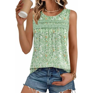 Zeagoo Womens Tank Tops 2026 Summer Pleated Scoop Neck Sleeveless Lace Crochet Boho Tops Dressy Casual Loose Fit Blouses(Green Small Foral)