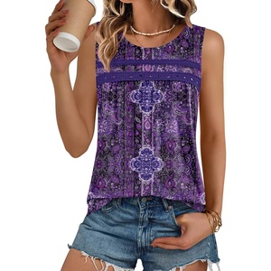 Zeagoo Womens Tank Tops 2026 Summer Pleated Scoop Neck Sleeveless Lace Crochet Boho Tops Dressy Casual Loose Fit Blouses(Purple Boho Print)