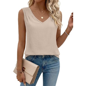 Zeagoo Womens Tank Tops Pleated V Neck Business Casual Sleeveless Shirts Trendy Dressy Textured Summer Work Blouse(Beige)