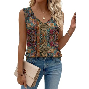 Zeagoo Womens Tank Tops Pleated V Neck Business Casual Sleeveless Shirts Trendy Dressy Textured Summer Work Blouse(Mz721 Boho)