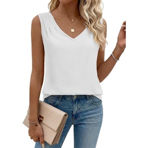 Zeagoo Womens Tank Tops Pleated V Neck Business Casual Sleeveless Shirts Trendy Dressy Textured Summer Work Blouse(White)