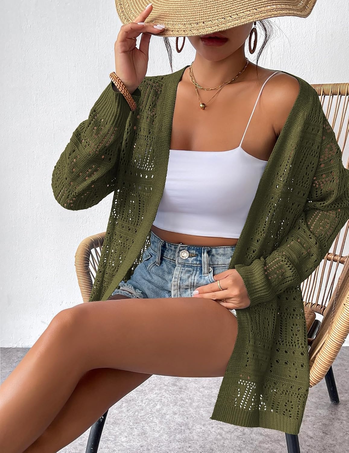 image:imageZeagoo Womens 2026 Summer Crochet Cardigan Sweaters Lightweight Boho KimonoArmy Green