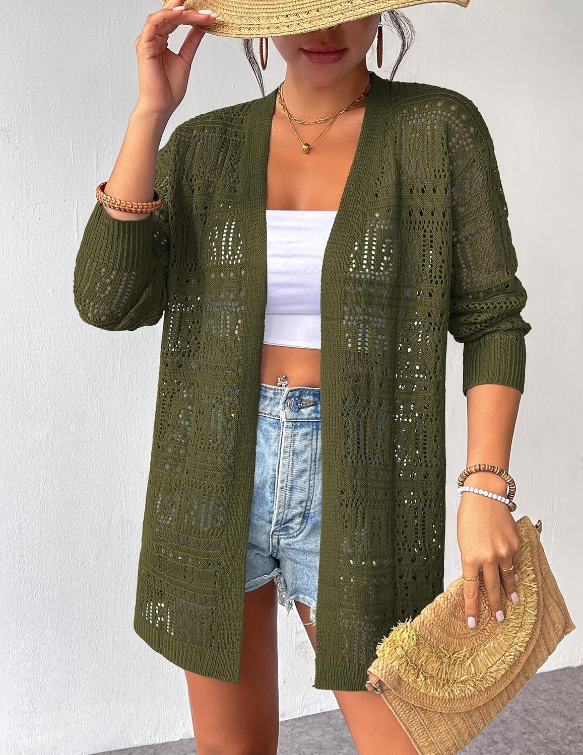 image:imageZeagoo Womens 2026 Summer Crochet Cardigan Sweaters Lightweight Boho KimonoArmy Green