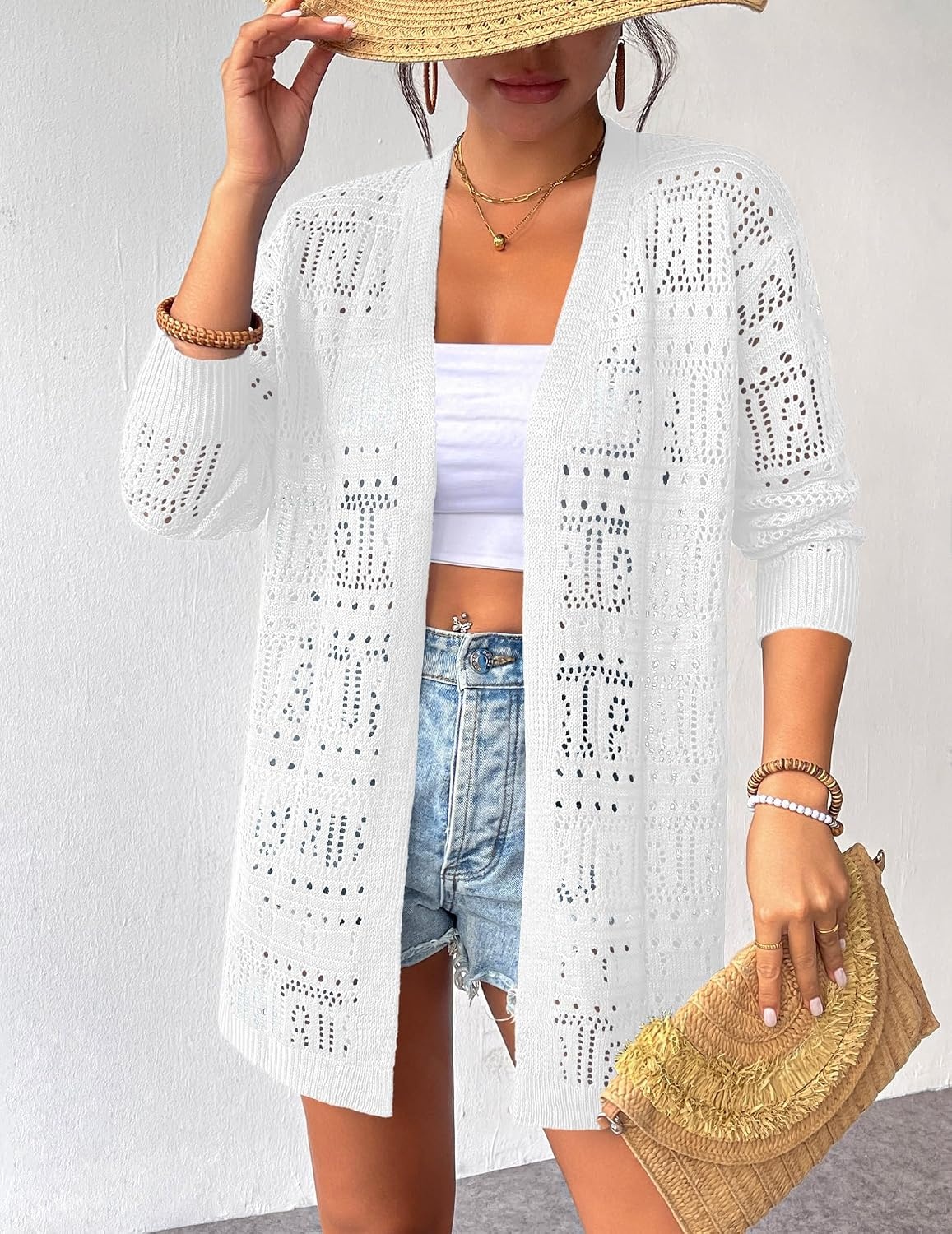 image:imageZeagoo Womens 2026 Summer Crochet Cardigan Sweaters Lightweight Boho KimonoAwhite