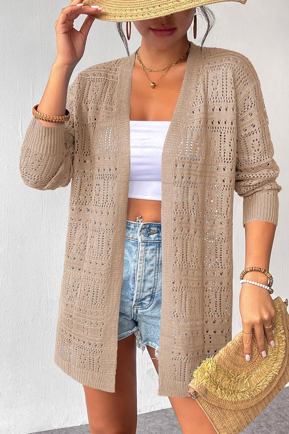 image:imageZeagoo Womens 2026 Summer Crochet Cardigan Sweaters Lightweight Boho KimonoBeige