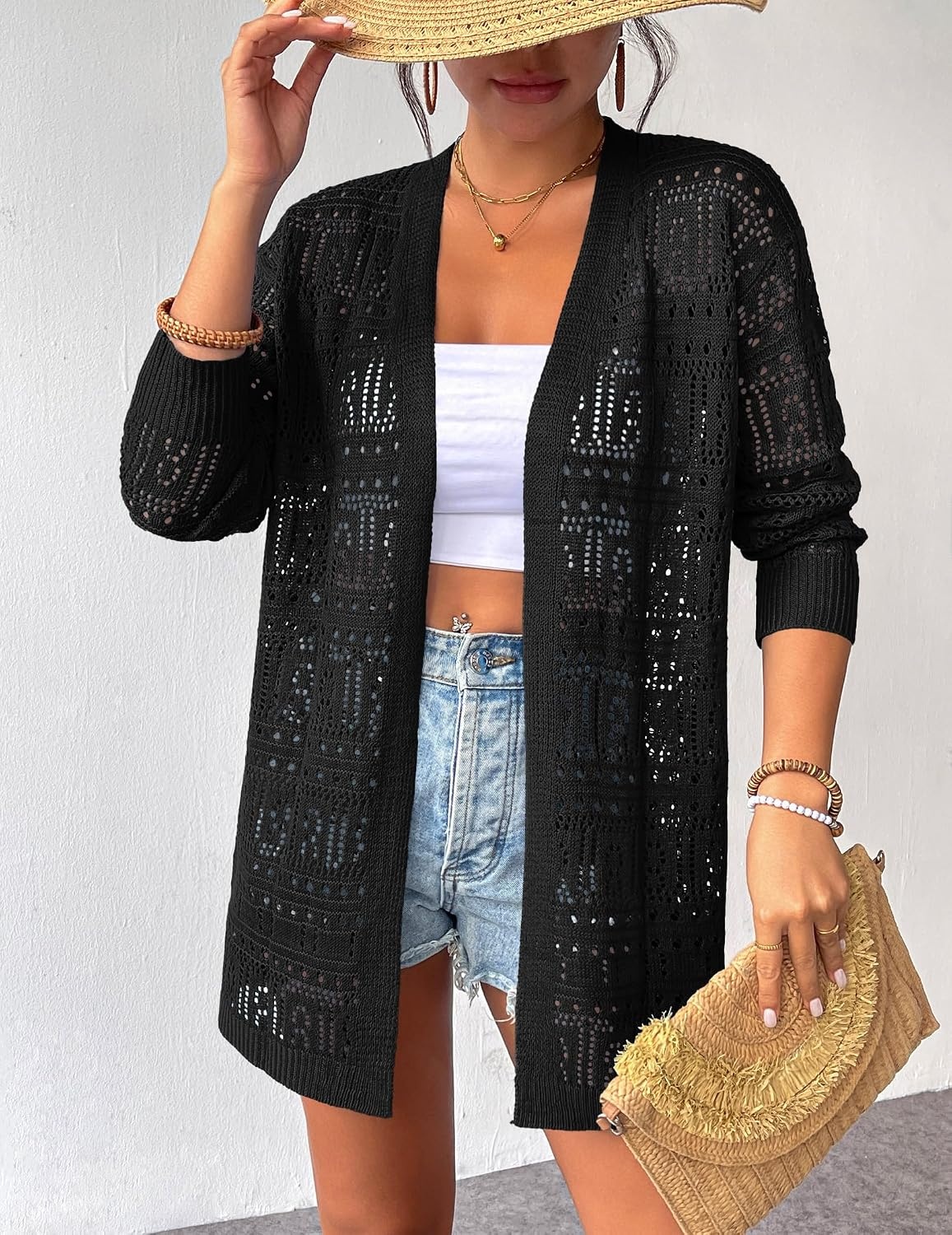 image:imageZeagoo Womens 2026 Summer Crochet Cardigan Sweaters Lightweight Boho KimonoBlack