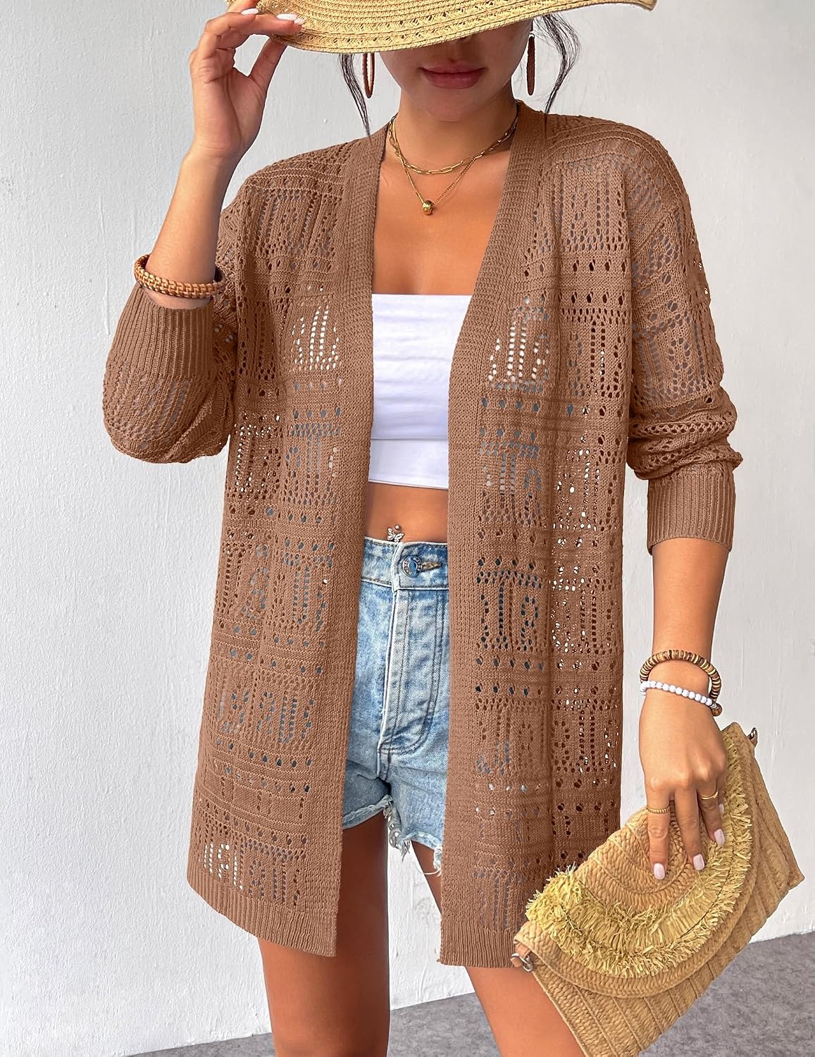 image:imageZeagoo Womens 2026 Summer Crochet Cardigan Sweaters Lightweight Boho KimonoBrown