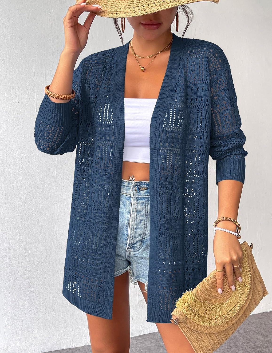 image:imageZeagoo Womens 2026 Summer Crochet Cardigan Sweaters Lightweight Boho KimonoDark Blue