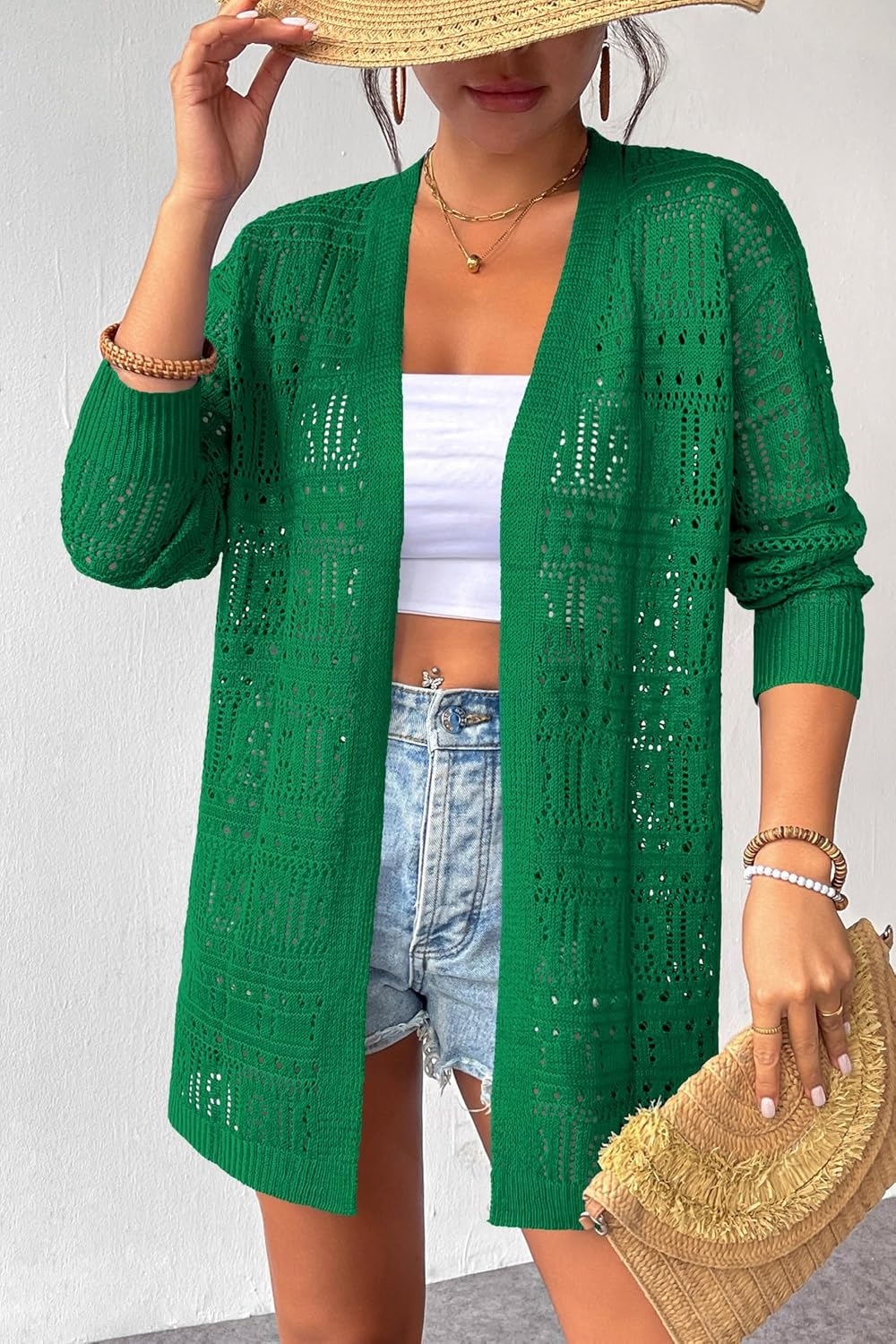 image:imageZeagoo Womens 2026 Summer Crochet Cardigan Sweaters Lightweight Boho KimonoGreen