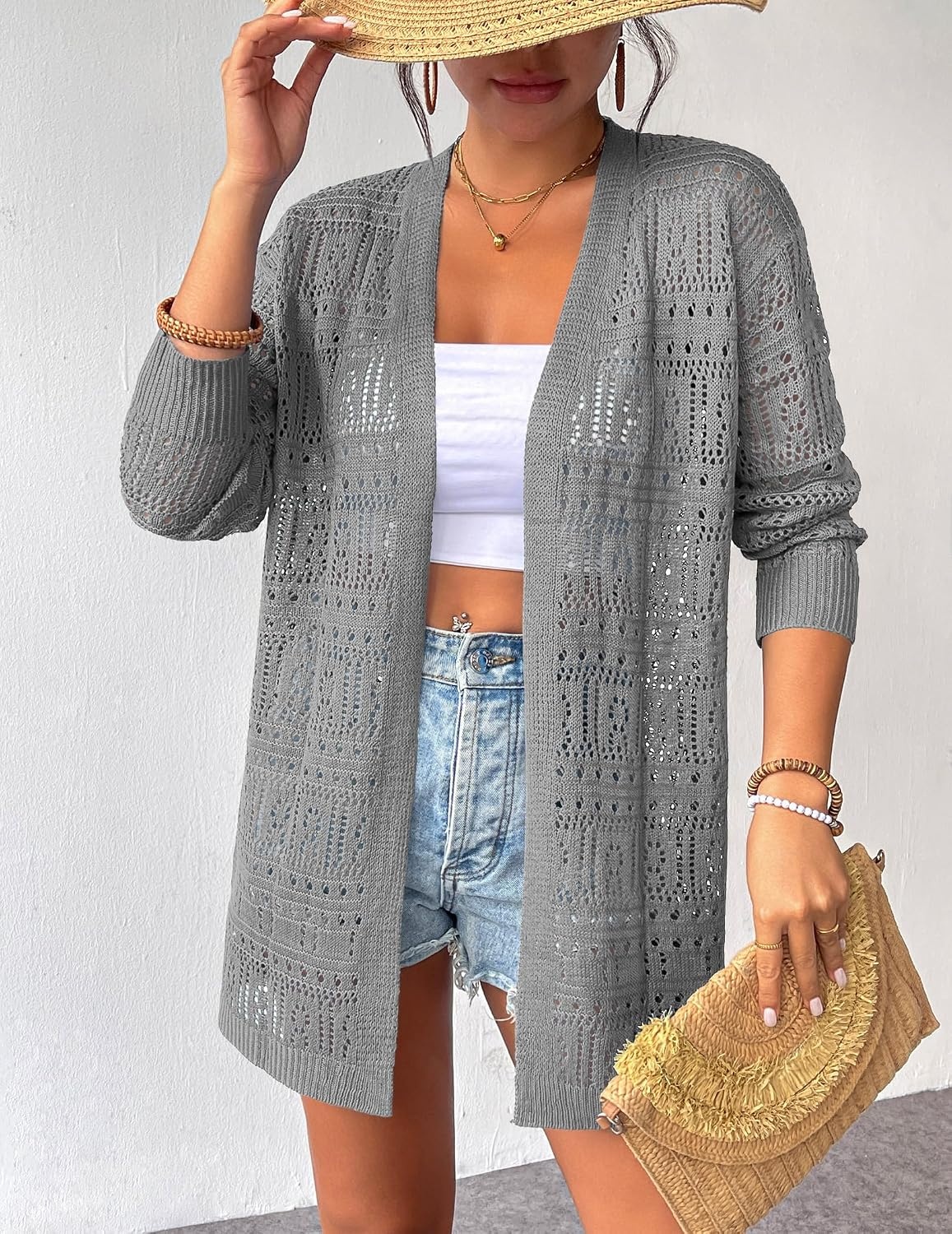 image:imageZeagoo Womens 2026 Summer Crochet Cardigan Sweaters Lightweight Boho KimonoGrey